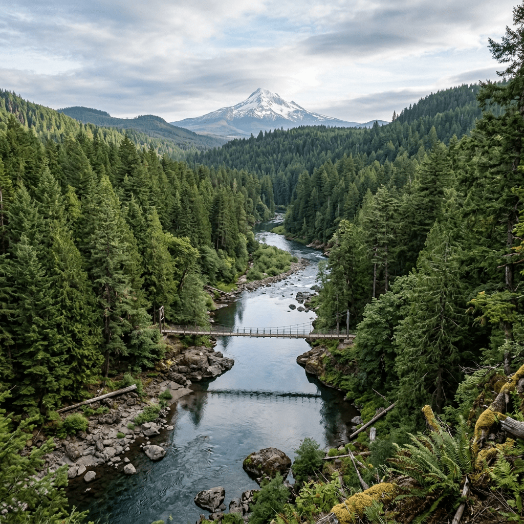 River flowing under a suspension bridge surrounded by dense evergreen forest and a snow-capped mountain in the distance