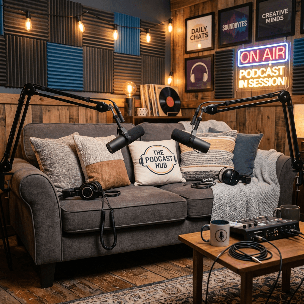 Podcast studio with microphones, headphones, couch, and recording equipment